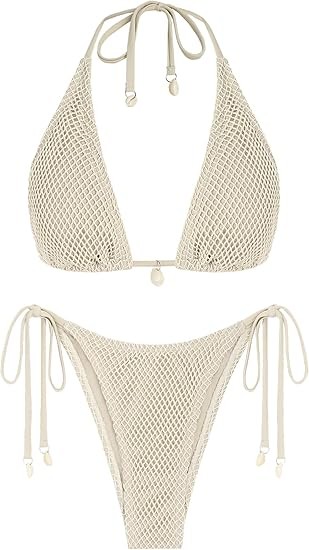 ZAFUL Women's Triangle Bikini Multiway Fishnet Tie Side Bandeau Halter String Bikini Set Two Piece Swimsuit Bathing Suits