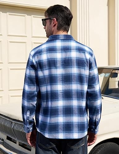 MAGCOMSEN Men's Flannel Shirts Cotton Long Sleeve Plaid Shirt Casual Fashion Button Up Shirts Jackets with 2 Pockets