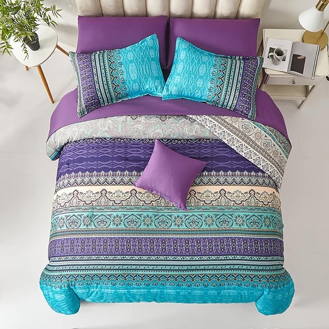 Boho Comforter Set Queen Size 8 Piece Bed in a Bag Bohemian Striped Bedding Quilt Set Aqua Paisley Floral Comforter and Sheet Set,Soft Microfiber Complete Bedding Sets for All Season